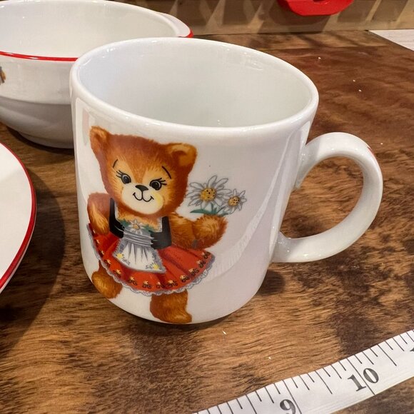 Vintage Reutter Child Kid Feeding Dish Set 3 Teddy Bears Red Porcelain Germany - Picture 2 of 11